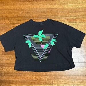 Vintage One Size Fits All Black Crop Top Florida Flamingo Palm Tree Graphic Tee